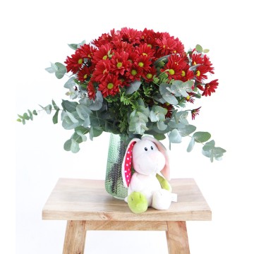 Bouquet of red daisies with teddy bear for birth