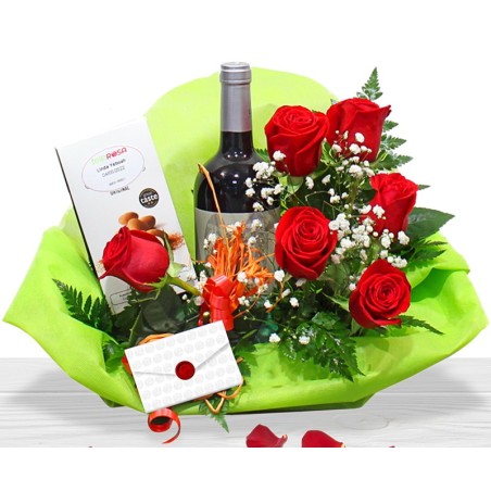 Center of Roses, Bottle of Wine and Chocolates Free Delivery