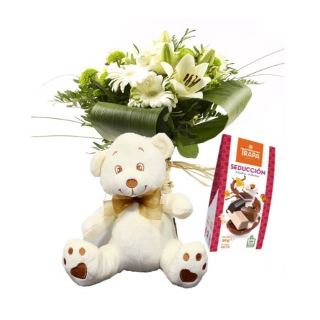 Give away this Pack of White Flowers, Plush and Chocolates Orders