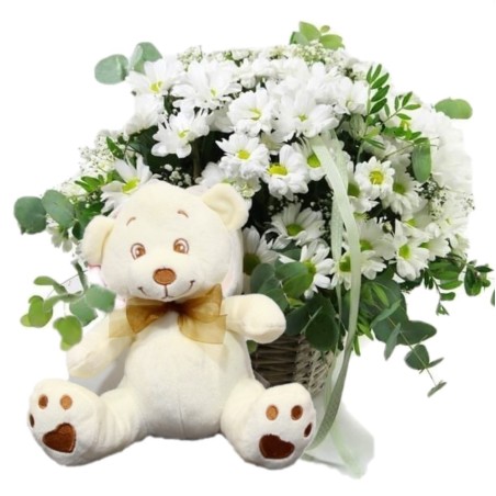 Centerpiece of white daisies with a stuffed animal Home Deliveries Flowers