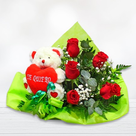 Center with Roses and Teddy. Give Kisses with Free Shipping Red Roses