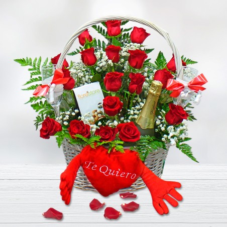 Basket with Roses, Cava Bottle, Chocolates, Cups, Teddy Free Delivery