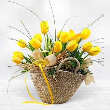 Yellow Tulips. Basket of Tulips. Tulip Bouquet at Home